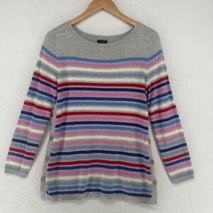 Talbots Striped Sweater Womens M Petite 3/4 Sleeve Button Detail Gray Multi